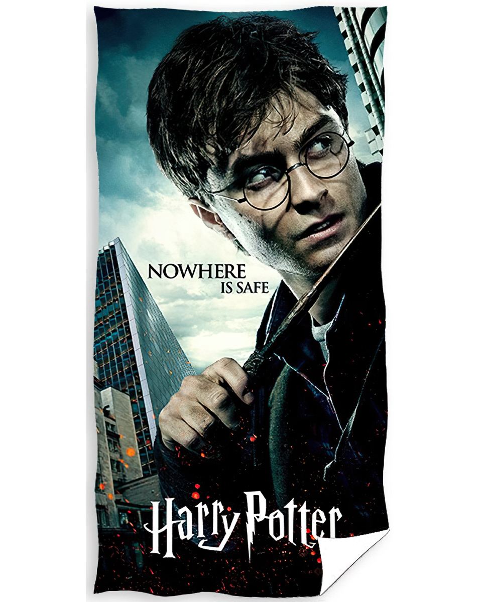 Dětská plážová osuška HARRY POTTER NEBEZPEČÍ ČÍHÁ VŠUDE, černo-šedá, froté, 70x140cm