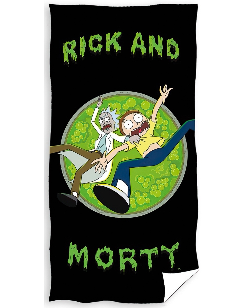 Dětská plážová osuška RICK A MORTY SKOK DO TŘETÍ DIMENZE, zeleno-černá, froté, 70x140cm