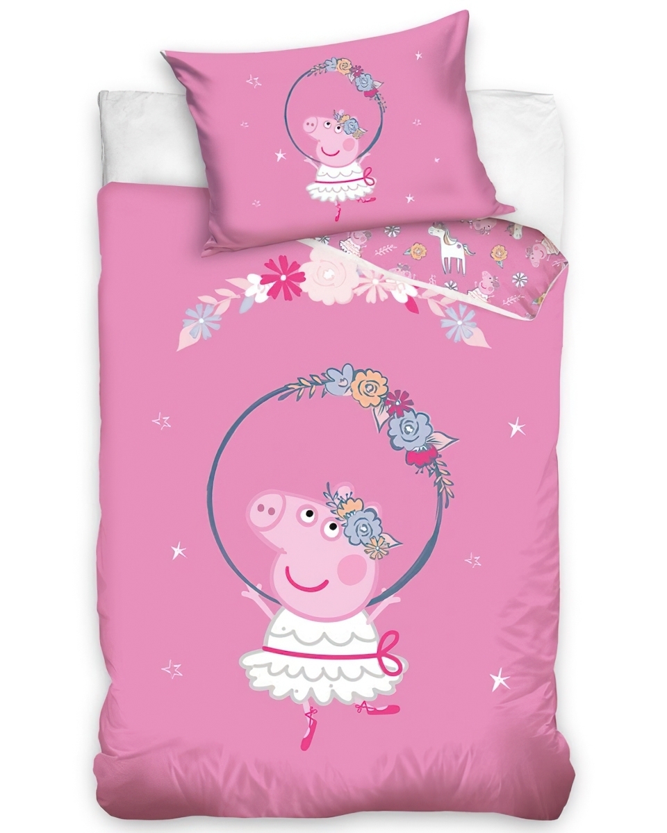 Dětské povlečení do postýlky PRASÁTKO PEPINA (PEPPA) AKROBATKA, růžové, bavlna hladká, 100x135cm + 40x60cm