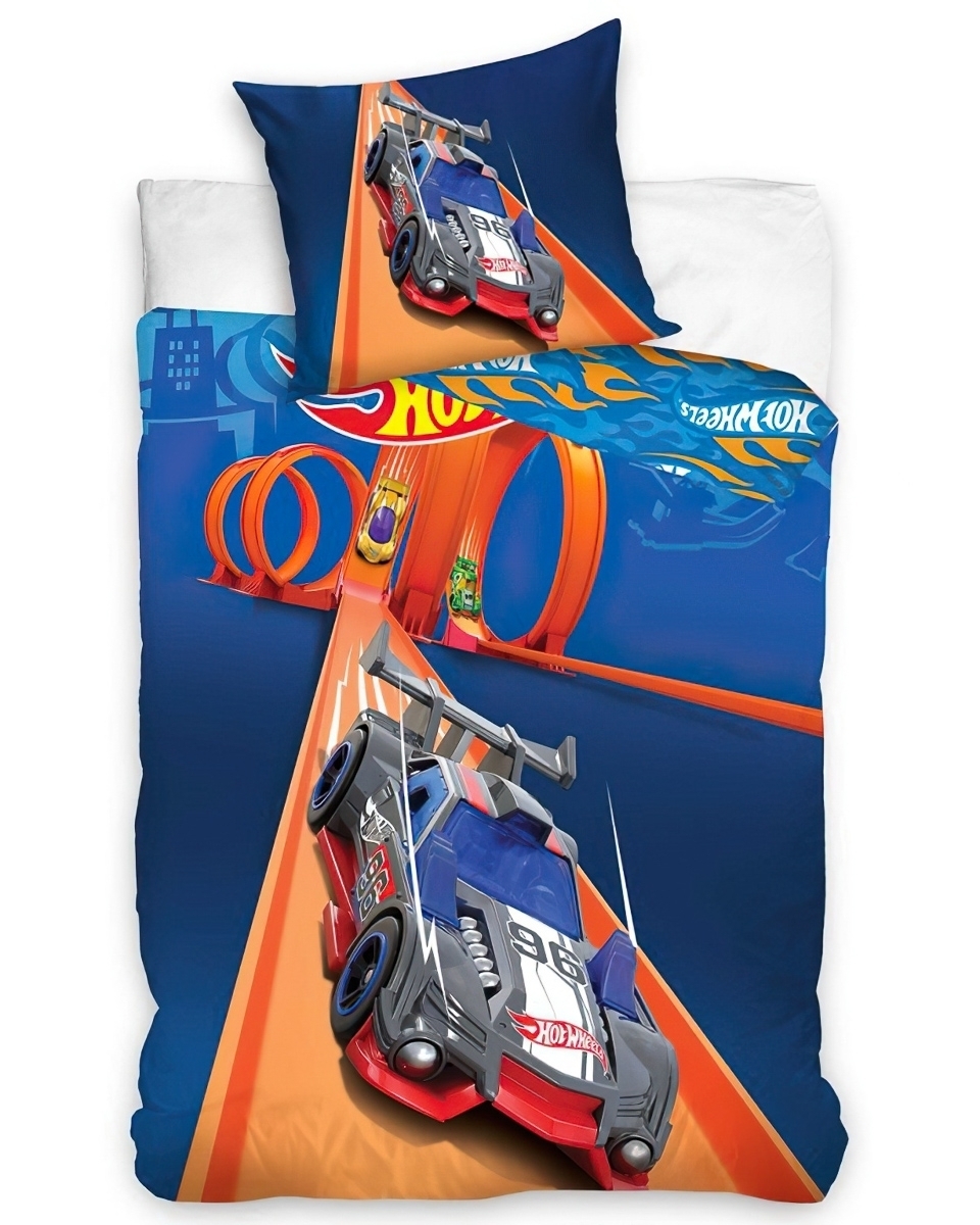 Dětské povlečení HOT WHEELS NEKONEČNÁ SMYČKA, modro-oranžové, bavlna hladká, 140x200cm + 70x90cm