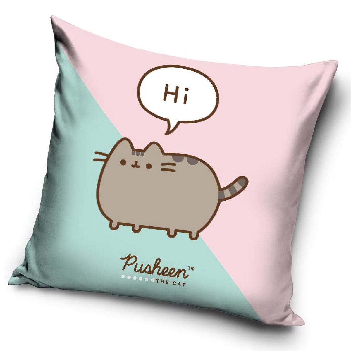 Dětský polštářek KOČIČKA PUSHEEN JÁ KOŠIŠTA, růžovo-tyrkysová 40x40cm